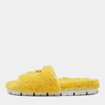 Pre Owned Prada Yellow Logo Terry Fabric Slides Size 39