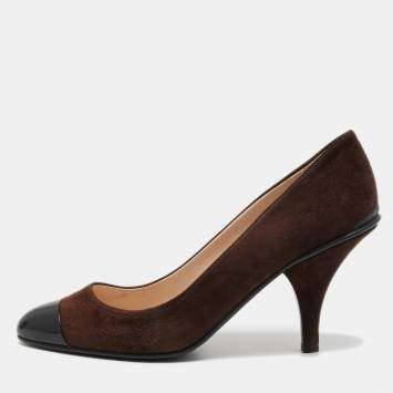 Pre Owned Prada Brown/Black Suede and Patent Leather Cap Toe Pumps Size 39.5