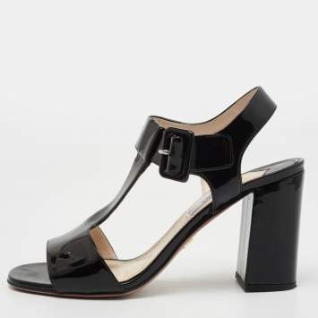 Pre Owned Prada Black Patent Leather T-Strap Block Heel Sandals Size 38