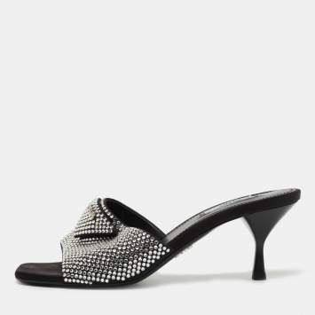 Prada Black Satin Crystal Embellished Logo Slide Sandals Size 39.5