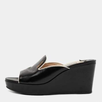 Pre Owned Prada Black Saffiano Vernice Leather Wedge Platform Slide Sandals Size 36