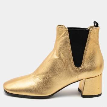 Pre Owned Prada Gold Leather Ankle Boots Size 39
