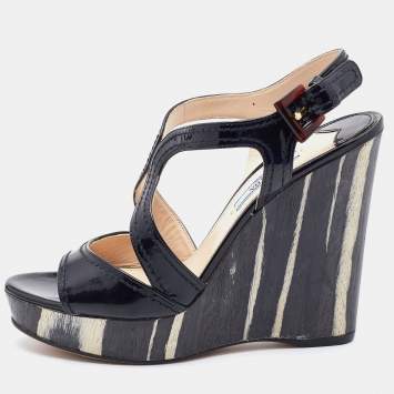 Pre Owned Prada Black Patent Leather Wooden Wedge Ankle Strap Sandals Size 37