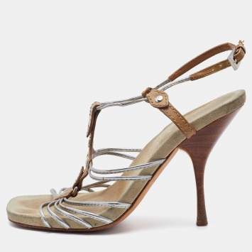 Pre Owned Prada Silver/Brown Leather Strappy Sandals Size 36.5