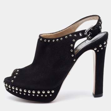 Pre Owned Prada Black Suede Studded Slingback Platform Sandals Size 36.5