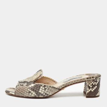 Pre Owned Prada Beige/Brown Python Leather Slide Sandals Size 36