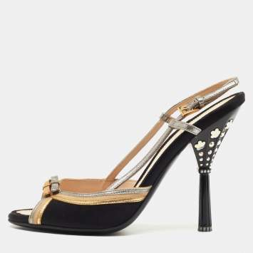 Pre Owned Prada Tricolor Satin and Leather Crystal Embellished Heel Slingback Sandals Size 37