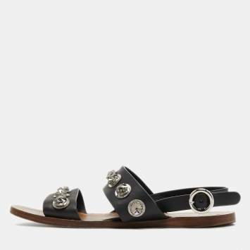 Pre Owned Prada Black Leather Crystal Embellished Flat Slingback Sandals Size 39.5