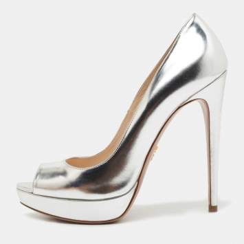 Pre Owned Prada Silver Leather Peep Toe Platform Pumps Size 38