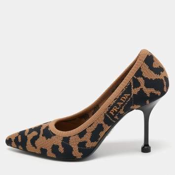 Pre Owned Prada Brown/Black Printed Knit Fabric Pointed Toe Pumps Size 37