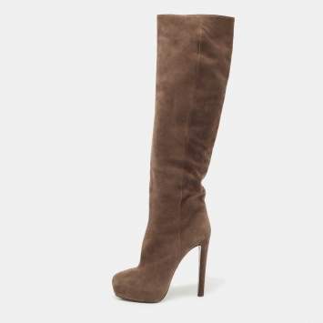 Pre Owned Prada Brown Suede Knee Length Boots Size 39.5
