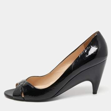 Pre Owned Prada Black Patent Leather Peep Toe Pumps Size 40