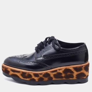 Pre Owned Prada Black Brogue Leather Wingtip Platform Derby Sneakers Size 38