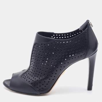 مملوكة مسبقًا Prada Black Perforated Leather Open Toe Booties Size 37