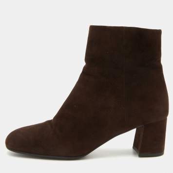 مملوكة مسبقًا Prada Dark Brown Suede Block Heel Ankle Length Boots Size 38.5