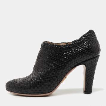 Pre Owned Prada Black Woven Leather Ankle Booties Size 36