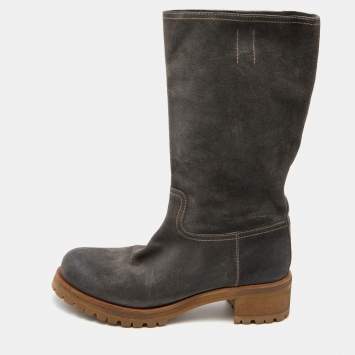Pre Owned Prada Grey Suede Mid Calf Length Boots Size 39