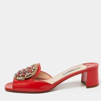 Pre Owned Prada Red Patent Leather Crystal Embellished Slide Sandals Size 38