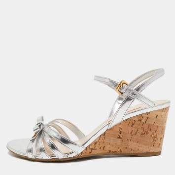 Pre Owned Prada Silver Leather Bow Detail Ankle Strap Sandals Size 39