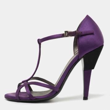 Pre Owned Prada Purple Satin T-Bar Ankle Strap Sandals Size 36