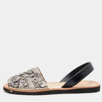 Pre Owned Prada Black/Grey Python Leather Crystal Embellished Slingback Flats Size 38