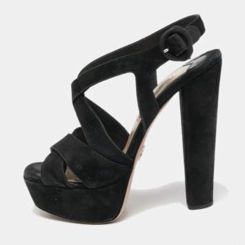Pre Owned Prada Black Suede Crisscross Platform Ankle Strap Sandals Size 37