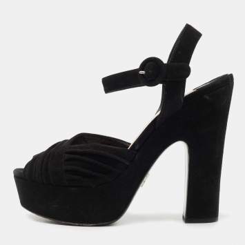 Pre Owned Prada Black Suede Peep Toe Platform Ankle Strap Sandals Size 40
