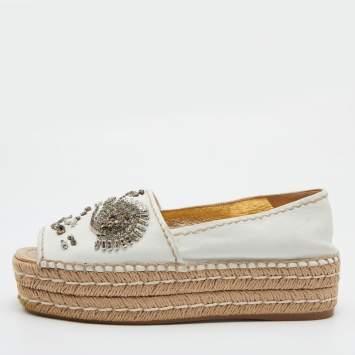 Pre Owned Prada White Leather Crystal Embellished Open Toe Platform Espadrille Flats Size 38
