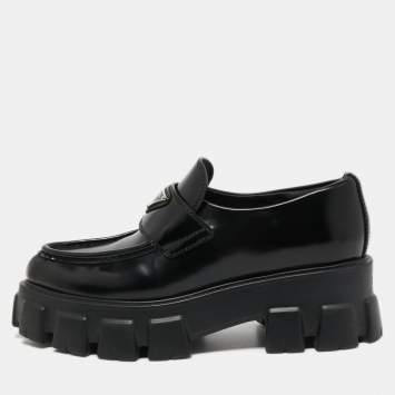 Pre Owned Prada Black Leather Monolith Logo Platform Loafers Size 37