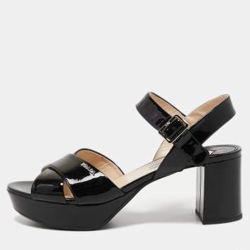 Pre Owned Prada Black Patent Leather Platform Ankle Strap Sandals Size 38.5
