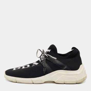Pre Owned Prada Black Logo Print Knit Fabric and Leather Low Top Sneakers Size 39
