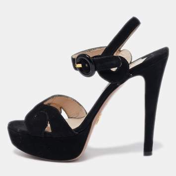 Pre Owned Prada Black Suede Platform Ankle Strap Sandals Size 39