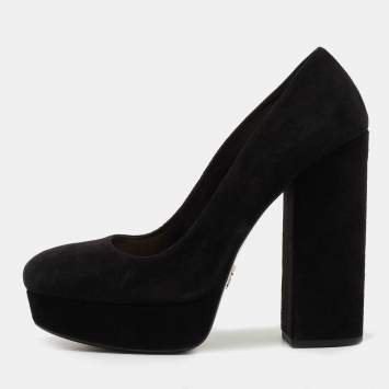 Pre Owned Prada Black Suede Platform Block Heel Pumps Size 38