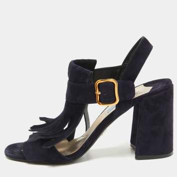 Pre Owned Prada Navy Blue Suede Fringe Ankle Strap Sandals Size 38.5