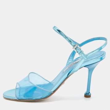Pre Owned Prada Metallic Blue/Transparent Patent Leather and PVC Ankle Strap Sandals Size 36.5