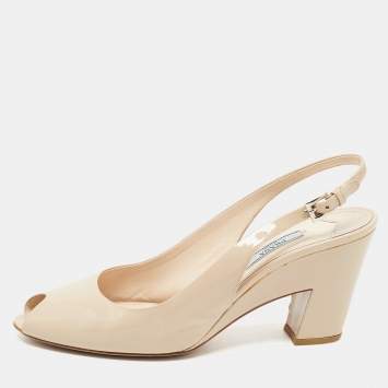 Prada Beige Patent Leather Peep Toe Slingback Pumps Size 40 