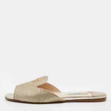 Pre Owned Prada Metallic Gold Glitter Leather Flat Slides Size 36