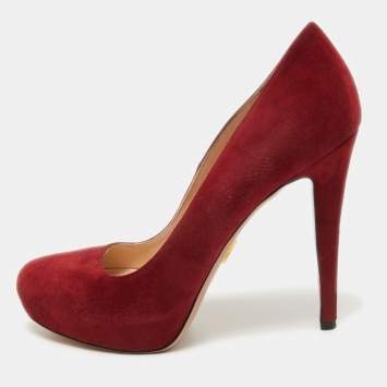 Pre Owned Prada Red Suede Platform Pumps Size 38