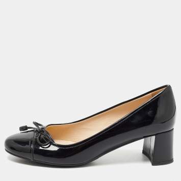 Pre Owned Prada Black Patent Leather Bow Block Heel Pumps Size 35