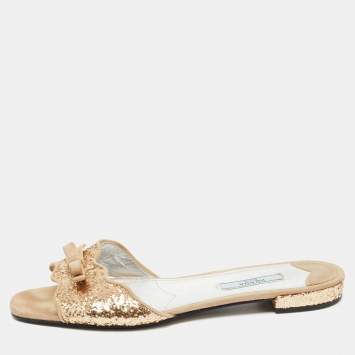 Pre Owned Prada Beige/Gold  Suede and Glitter Flat Slides Size 37.5