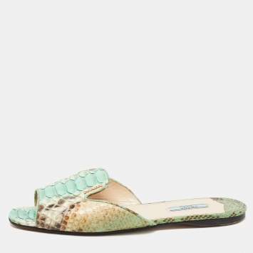 Pre Owned Prada Green/Brown Python Flat Slides Size 41