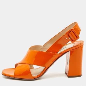 Pre Owned Prada Orange Patent Leather Chriss Cross Slingback Sandals Size 38.5