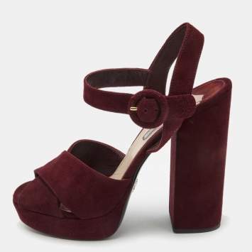 Pre Owned Prada Plum Suede Block Heel Ankle Strap Sandals Size 40