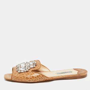 Pre Owned Prada Brown Croc Embossed Leather Crystal Embellished Flat Slides Size 38