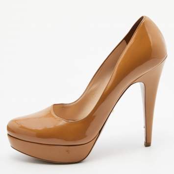 Prada Beige Patent Leather Platform Pumps Size 38.5