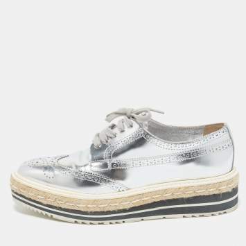 Pre Owned Prada Silver Leather Derby Sneakers Size 39  