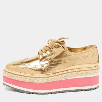 Pre Owned Prada Gold Leather Derby Sneakers Size 39  