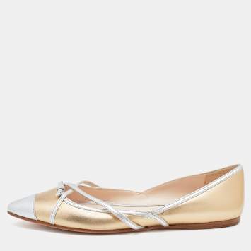 Pre Owned Prada Gold/Silver Leather Bow Pointed Toe Ballet Flats Size 38