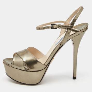Pre Owned Prada Metallic Leather Platform Ankle-Strap Sandals Size 37.5