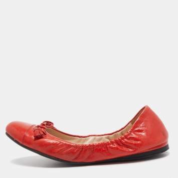 Pre Owned Prada Red Leather Tassel Bow Scrunch Ballet Flats Size 39